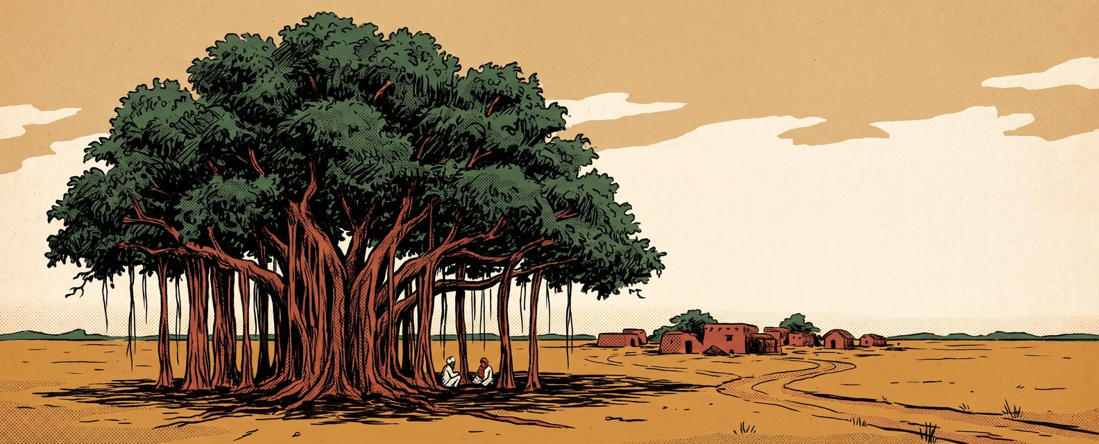 A great banyan tree on the flat plain, its hanging roots reaching the ground like curtains, with two people resting in its shade and a small mud-brick village beyond.